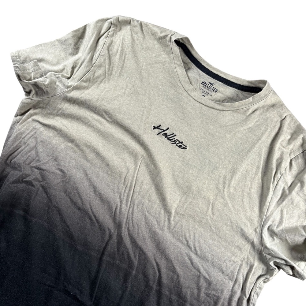 Hollister Mens XL Curved Hem Tee Grey Black Ombre Dip‎ Dye Script Logo T-Shirt
